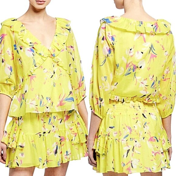 Tanya Taylor Lourdes Floral Cotton Blouse Yellow Ruffle V Neck Balloon Sleeve 4 - Picture 14 of 14
